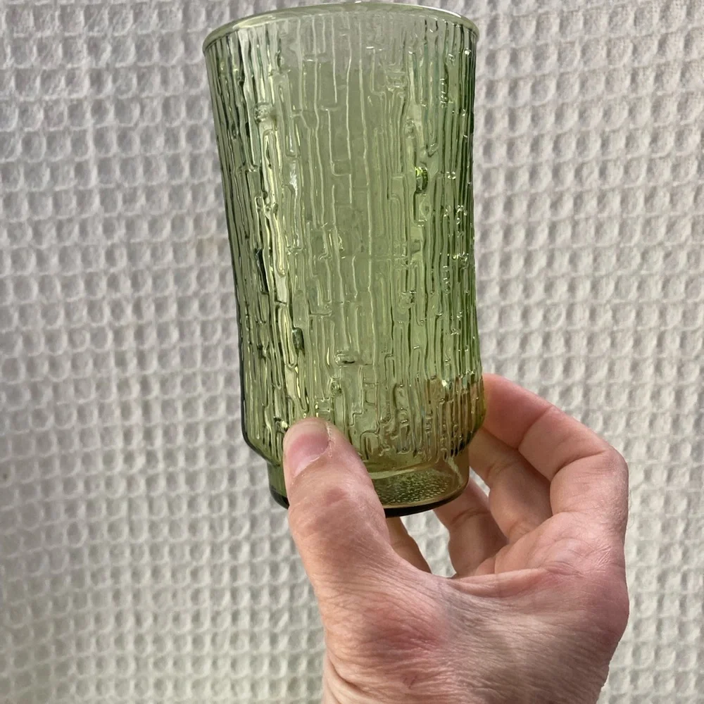 Vintage Anchor Hocking Avocado Green Pagoda Bamboo Pattern Glasses Set Of 6 12oz